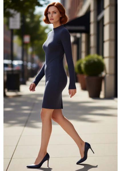 Kadın Bodycon Mini Uzun Kollu Fitilli Örme Elbise Bisiklet Yakalı Rahat Günlük Şıklık Sunar