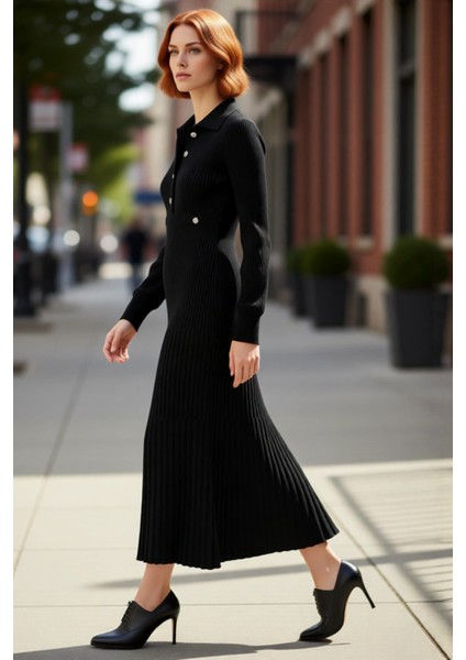 Kadın A Line %100 Akrilik Ribana Triko Maxi Elbise Polo Yaka ve Metal Düğmeli Tesettür Kışlık Giyim