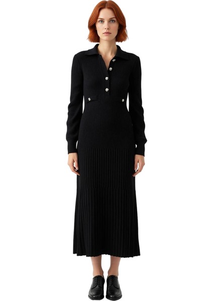 Kadın A Line %100 Akrilik Ribana Triko Maxi Elbise Polo Yaka ve Metal Düğmeli Tesettür Kışlık Giyim modelleri