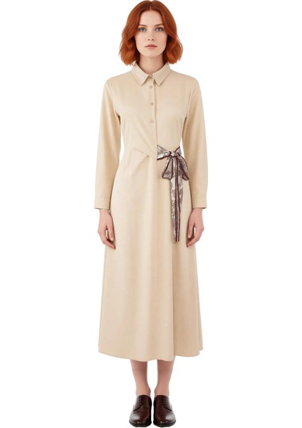 Kadın Dokuma Gömlek Yaka Maxi Elbise Fular Detaylı A Line Kesim Ofis ve Günlük Şıklığı Kaliteli modelleri