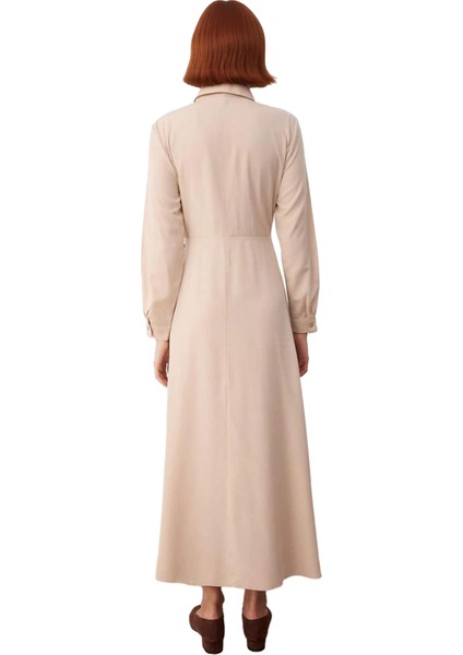 Kadın Dokuma Gömlek Yaka Maxi Elbise Fular Detaylı A Line Kesim Ofis ve Günlük Şıklığı Kaliteli fırsatları