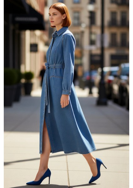 Kadınlar Için %100 Pamuk Mavi Düz Desen Gömlek Yaka A Line Maxi Denim Elbise Ilkbahar Sonbahar fırsatları