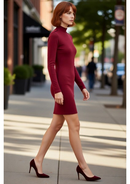 Kadın Bodycon Dokulu Düğmeli Mini Örme Elbise Dik Yaka Uzun Kollu Rahat ve Modern Kaliteli fırsatları