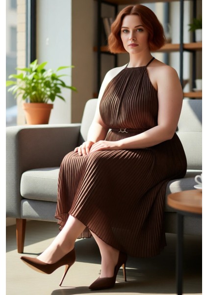 Kadın Büyük Beden Kahverengi Düz Halter Yaka Maxi Bodycon Dokuma Elbise Şık Davetler Için Kaliteli fiyatları