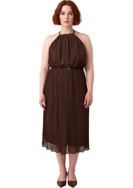 Kadın Büyük Beden Kahverengi Düz Halter Yaka Maxi Bodycon Dokuma Elbise Şık Davetler Için Kaliteli modelleri