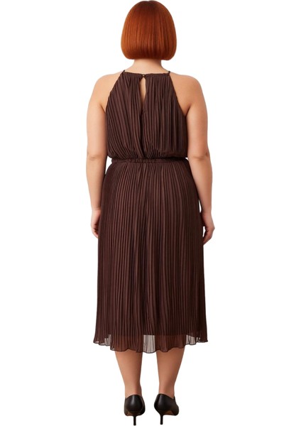 Kadın Büyük Beden Kahverengi Düz Halter Yaka Maxi Bodycon Dokuma Elbise Şık Davetler Için Kaliteli fırsatları