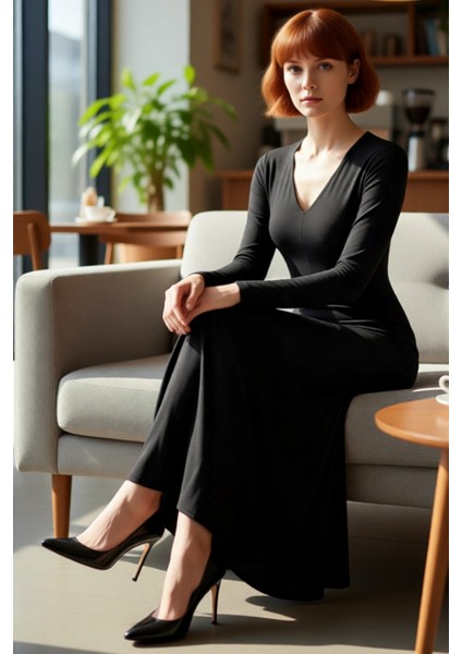 Kadın Düz Desen V Yaka Uzun Kol Maxi Boy Bodycon Örme Elbise Gündüzden Geceye Şık Görünüm Kaliteli