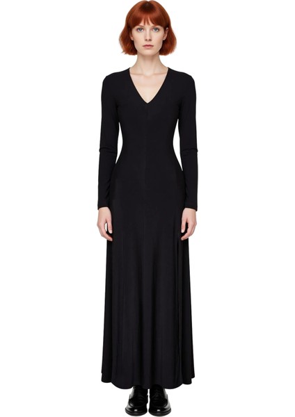 Kadın Düz Desen V Yaka Uzun Kol Maxi Boy Bodycon Örme Elbise Gündüzden Geceye Şık Görünüm Kaliteli fiyatları