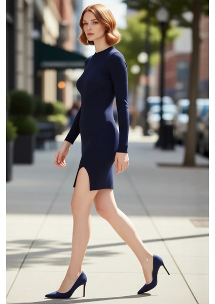 Kadın Triko Bodycon Uzun Kollu Mini Elbise Bisiklet Yaka Tasarım Ilkbahar Sonbahar Şıklığı