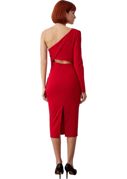 Kadınlara Özel Tek Kol Uzun Kollu Bodycon Midi Dokuma Asimetrik Yaka Kokteyl Elbisesi Zarafeti modelleri