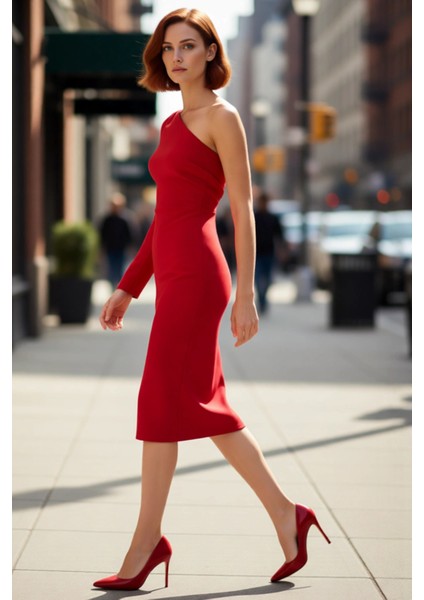 Kadınlara Özel Tek Kol Uzun Kollu Bodycon Midi Dokuma Asimetrik Yaka Kokteyl Elbisesi Zarafeti fırsatları