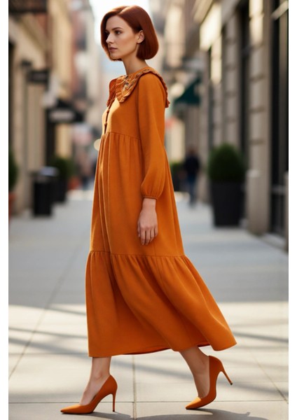 Kadın Nakış Detaylı Keten Görünümlü Dokuma Maxi Elbise Bebe Yaka Balon Kol Shift Kalıp Rahat Şıklık