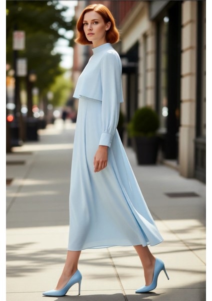 Kadın Düz Desen A Line Maxi Dokuma Elbise Dik Yaka Uzun Kollu Ilkbahar Sonbahar Zarafeti Sunar