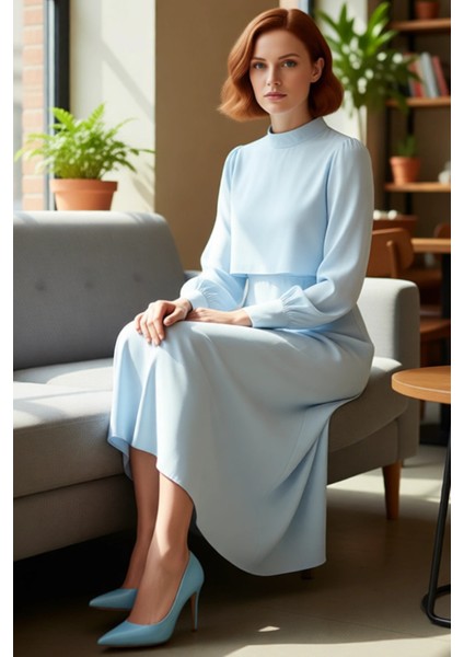 Kadın Düz Desen A Line Maxi Dokuma Elbise Dik Yaka Uzun Kollu Ilkbahar Sonbahar Zarafeti Sunar fiyatları