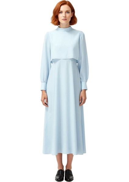 Kadın Düz Desen A Line Maxi Dokuma Elbise Dik Yaka Uzun Kollu Ilkbahar Sonbahar Zarafeti Sunar modelleri