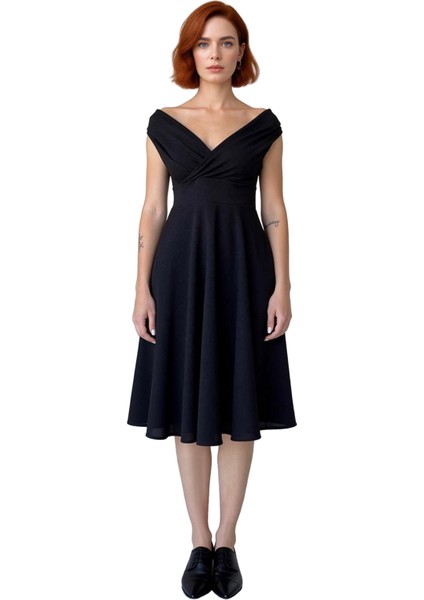 Kadın Skater Kalıp Kolsuz Midi Boy Carmen Yaka Düz Desen Abiye Gece Elbisesi Şık Ortamlar Için Ideal modelleri