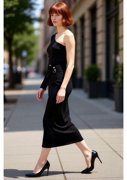 Kadın Tek Omuz Bodycon Örme Maxi Elbise Asimetrik Yaka Uzun Kol Aksesuar Detaylı Astarlı Kışlık