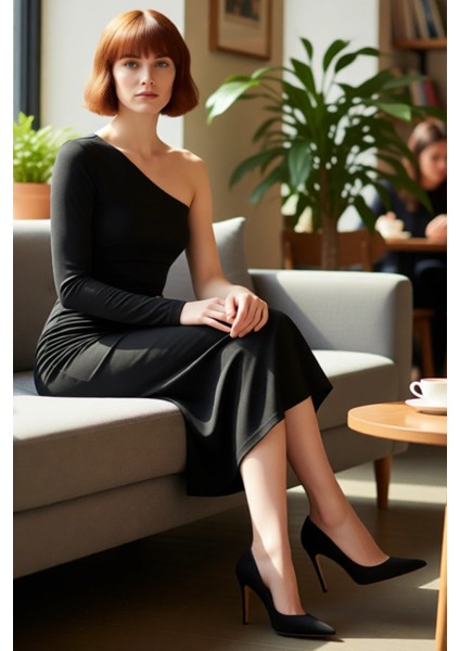 Kadın Tek Omuz Bodycon Örme Maxi Elbise Asimetrik Yaka Uzun Kol Aksesuar Detaylı Astarlı Kışlık fiyatları