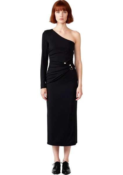 Kadın Tek Omuz Bodycon Örme Maxi Elbise Asimetrik Yaka Uzun Kol Aksesuar Detaylı Astarlı Kışlık modelleri