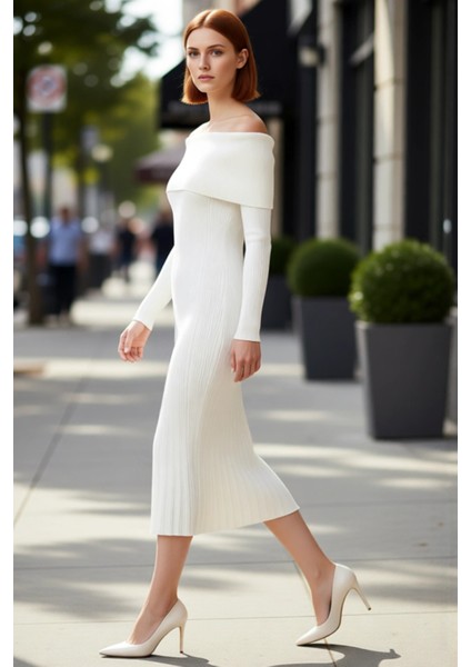 Kadın Carmen Yaka Uzun Kollu Midi Boy Düz Shift Kalıp Triko Elbise Ilkbahar Sonbahar Şıklığı