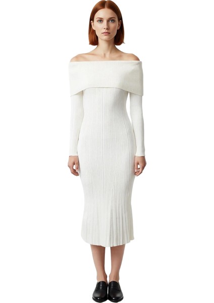 Kadın Carmen Yaka Uzun Kollu Midi Boy Düz Shift Kalıp Triko Elbise Ilkbahar Sonbahar Şıklığı modelleri