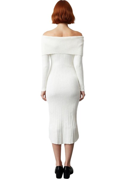 Kadın Carmen Yaka Uzun Kollu Midi Boy Düz Shift Kalıp Triko Elbise Ilkbahar Sonbahar Şıklığı fırsatları