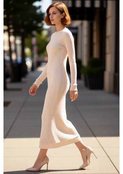 Kadın Fitilli Dik Yaka Uzun Kol Triko Elbise Vücuda Oturan Midi Boy Şık Tasarım Günlük Kullanım