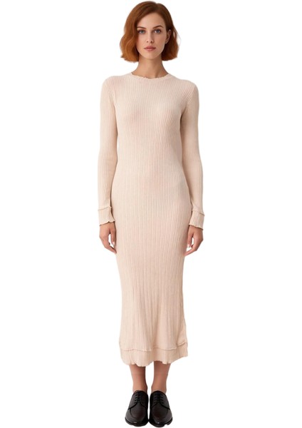 Kadın Fitilli Dik Yaka Uzun Kol Triko Elbise Vücuda Oturan Midi Boy Şık Tasarım Günlük Kullanım modelleri