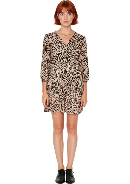 Kadın Günlük V Yaka Truvakar Balon Kol Zebra Desenli Skater Mini Elbise Polyester Kaşkorse fiyatları