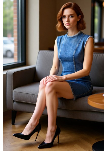 Kadın Bisiklet Yaka Kolsuz A Line Mini Denim Elbise %100 Pamuk Modern Dikiş Detaylı Casual Şıklık