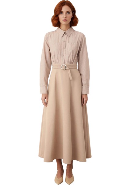 Kadın Skater Kalıp Gömlek Yaka Çizgili Maxi Dokuma Kemer Detaylı Tesettür Uzun Kollu Elbise modelleri