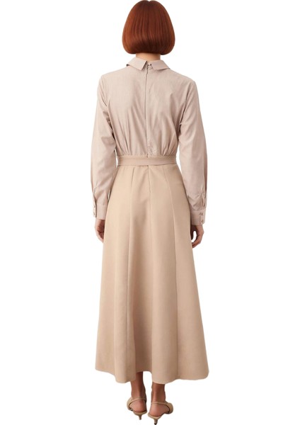 Kadın Skater Kalıp Gömlek Yaka Çizgili Maxi Dokuma Kemer Detaylı Tesettür Uzun Kollu Elbise fırsatları