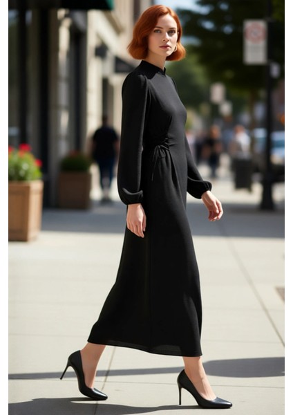 Lacivert Kadın Hakim Yaka Brit Detaylı Maxi Boy Aerobin Dokuma Düz Şık Rahat Elbise Kaliteli