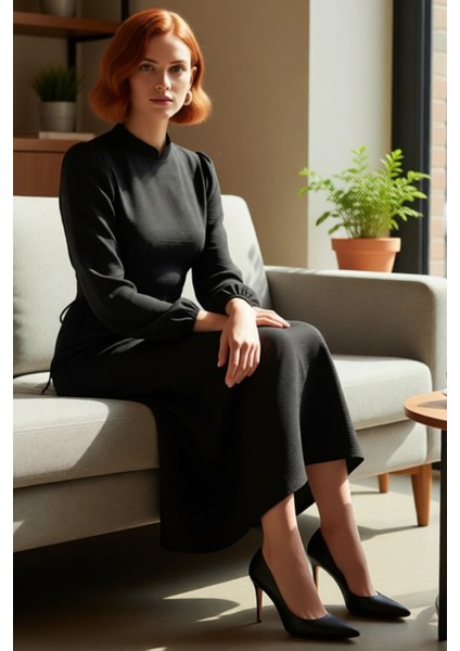 Lacivert Kadın Hakim Yaka Brit Detaylı Maxi Boy Aerobin Dokuma Düz Şık Rahat Elbise Kaliteli fiyatları