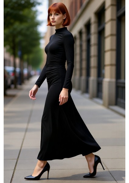 Kadın Lacivert Bodycon Dik Yaka Uzun Kollu Büzgülü Maxi Elbise Modern Şık Esnek Örme Tasarım