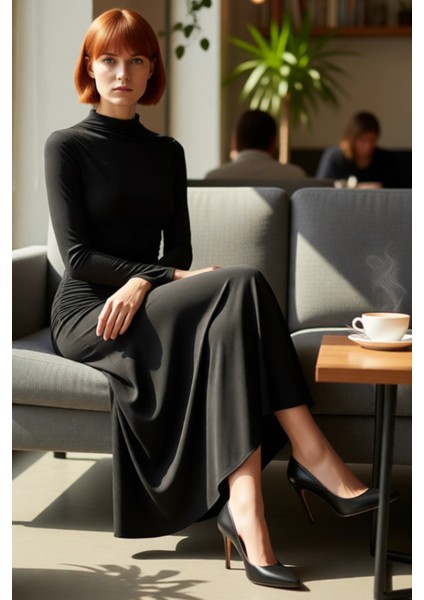 Kadın Lacivert Bodycon Dik Yaka Uzun Kollu Büzgülü Maxi Elbise Modern Şık Esnek Örme Tasarım fiyatları