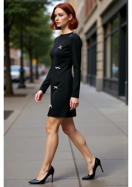 Kadın Siyah Fiyonk Detaylı Modern Uzun Kollu Vücuda Oturan Mini Bodycone Esnek Örme Elbise