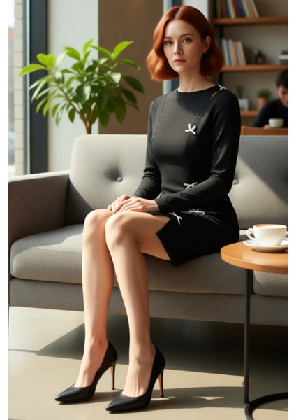 Kadın Siyah Fiyonk Detaylı Modern Uzun Kollu Vücuda Oturan Mini Bodycone Esnek Örme Elbise fiyatları