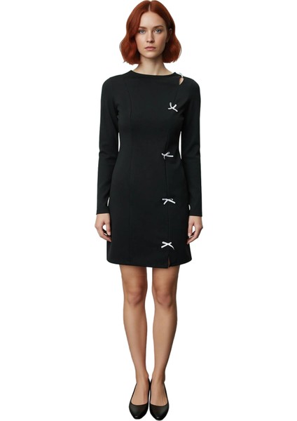 Kadın Siyah Fiyonk Detaylı Modern Uzun Kollu Vücuda Oturan Mini Bodycone Esnek Örme Elbise modelleri