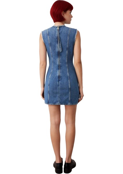 Kadın Bisiklet Yaka Kolsuz A Line Mini Denim Elbise %100 Pamuk Modern Dikiş Detaylı Casual Şıklık modelleri