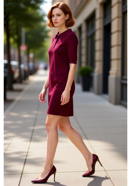 Kadın Polo Yaka Kısa Kollu Triko Mini Elbise Shift Kalıbı Ile Gün Boyu Konfor Sunuyor. Kaliteli