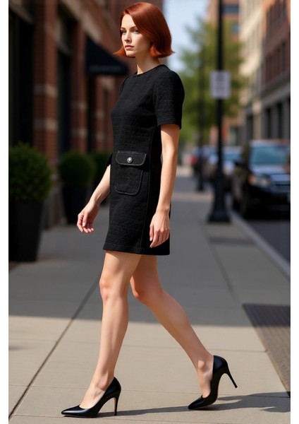 Kadın A Kesim Dokuma Mini Elbise Bisiklet Yaka Kısa Kollu Şık ve Konforlu Ilkbahar Sonbahar Tasarımı