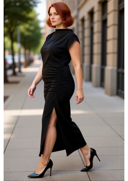 Kadın Bodycon Kesim Dik Yaka Düşük Kol Midi Boy Düz Örme Elbise Ilkbahar Sonbahar Şıklığı Kaliteli