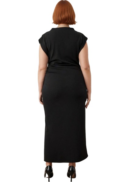 Kadın Bodycon Kesim Dik Yaka Düşük Kol Midi Boy Düz Örme Elbise Ilkbahar Sonbahar Şıklığı Kaliteli fırsatları