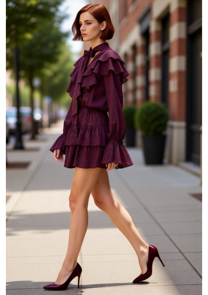 Kadın Skater Fular Yaka Balon Kol Uzun Kollu Dokuma Astarlı Mini Elbise ile Stil Sahibi Olun