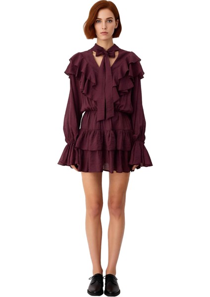 Kadın Skater Fular Yaka Balon Kol Uzun Kollu Dokuma Astarlı Mini Elbise ile Stil Sahibi Olun modelleri