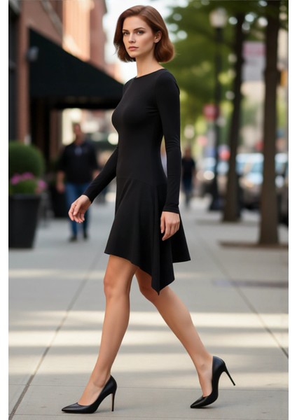 Kadın Düz Desen Bodycon Kalıp Kayık Yaka Uzun Kollu Asimetrik Mini Örme Elbise Gündelik Şıklık Için