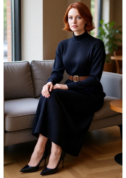 Kadın Şık Düz Shift Kalıp Düşük Kol Dik Yaka Kemerli Maxi Yırtmaç Detaylı Kışlık Triko Elbise fiyatları