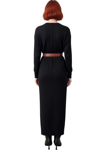 Kadın Şık Düz Shift Kalıp Düşük Kol Dik Yaka Kemerli Maxi Yırtmaç Detaylı Kışlık Triko Elbise fırsatları