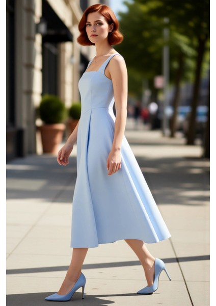 Kadın Skater Kalıp Midi Boy Saten Dokuma Kare Yaka Kokteyl Şık Mezuniyet Elbisesi Kalın Askılı